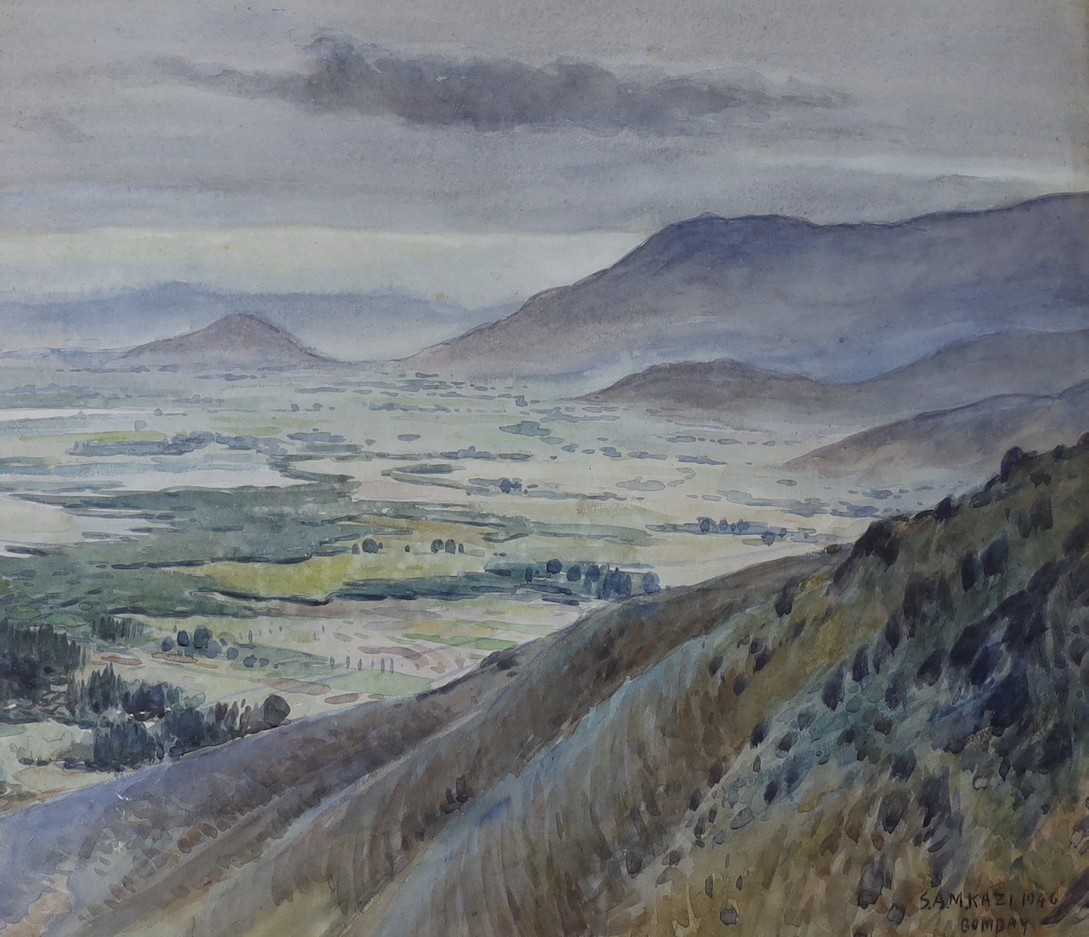 S.A.M. Kazi, watercolour, Extensive Indian landscape, signed and dated 1946 and inscribed Bombay, 46 x 53cm